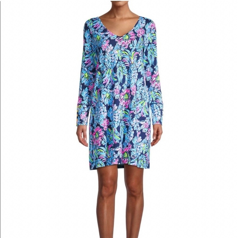 Lilly Pulitzer Dress Sz Large Kaisley Dual Neck UPF 50+ High Tide Navy Pineapple
